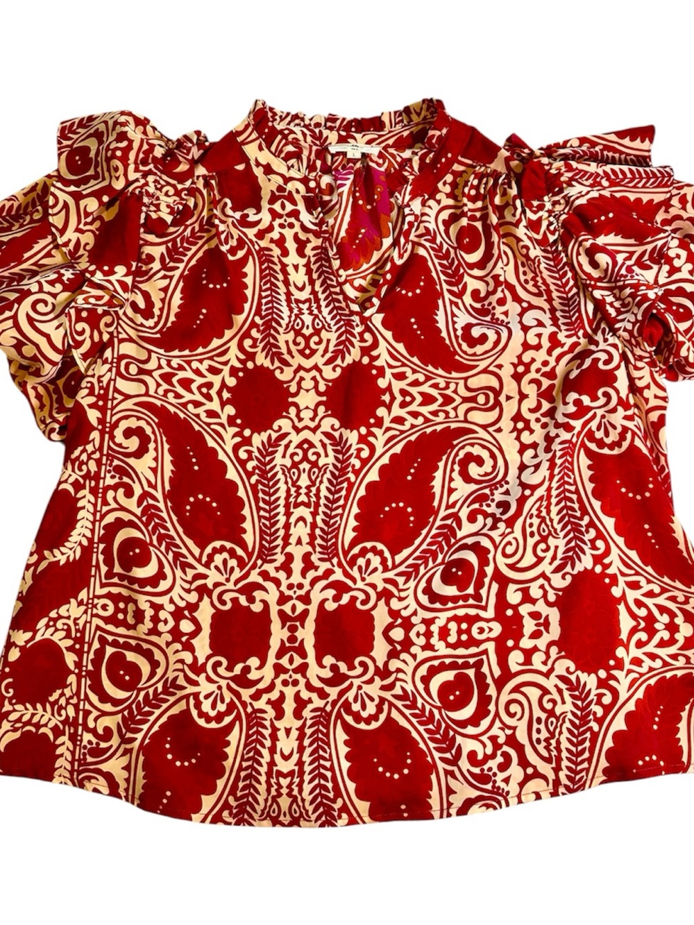 Entro Pink Coral Paisley Ruffle Sleeve Blouse Size Large Boho Boutique Top